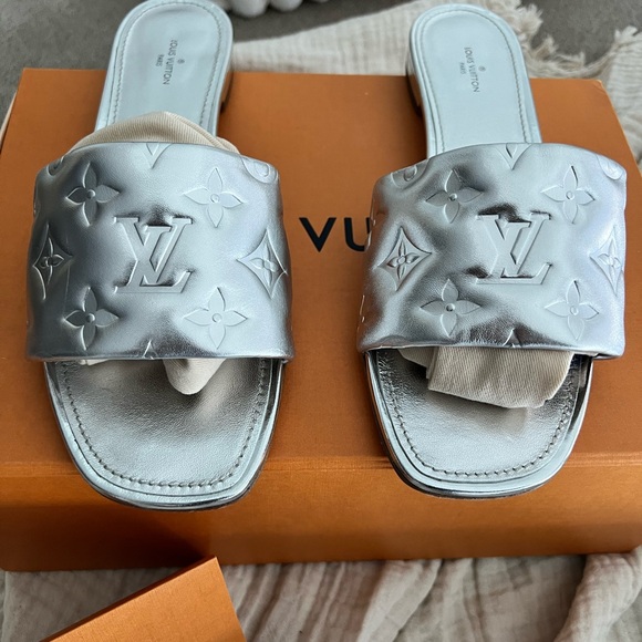 Louis Vuitton Silver Embossed Mules - Picture 1 of 4